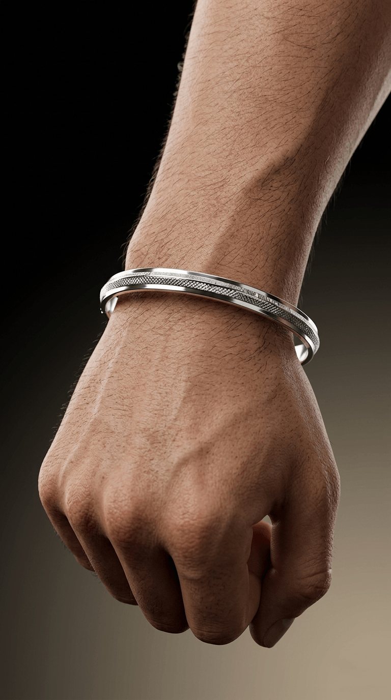 Men's sterling silver channel kada with recessed textured centre